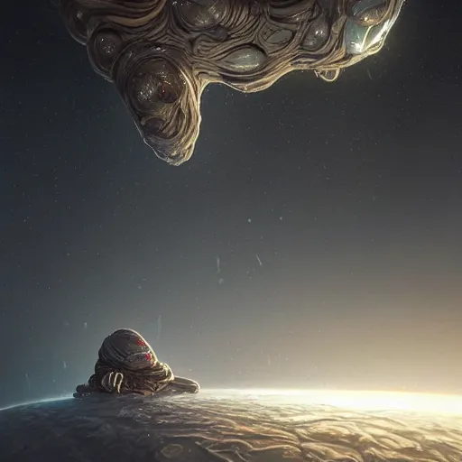 Prompt: luminous alien space worms in cocoon floating in space, creepy atmosphere, nature, organic, alien, cosmic horror, scifi, highly detailed, digital painting, artstation, intricate, realistic, cinematic lighting, concept art, futuristic 3 d, 8 k render, octane render, futuristic, cgsociety, by greg rutkowski