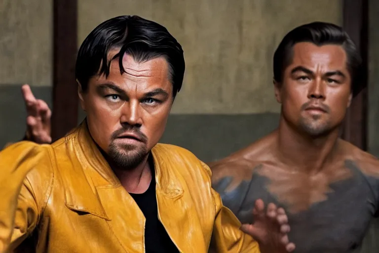 Prompt: Leonardo DiCaprio as Bruce Lee in 'Once Upon a Time... In Hollywood 2: The First Part' (2022), movie still frame, promotional image, imax 70 mm footage, oscar nominated cinematography, volumetric lighting, 8k resolution
