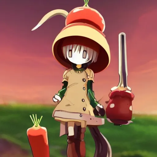 Image similar to cute android humanoid with big tomato hat and a carrot sword, made in abyss style