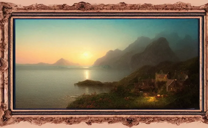 Image similar to small cozy cottage overlooking the ocean, close up shot, at dusk, distant mountains, 4k, rule of thirds, extreme detail, hazy water, intricate ink illustration, trending on artstation, cgsociety, hd, calm, complimentary colours, realistic lighting, by Albert Bierstadt, Frederic Edwin Church.