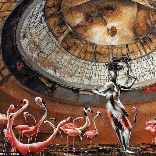 Prompt: a highly detailed painting of an elegant male dancer with flamingo legs by salvador dali and vadim stein, in a domed destroyed ballroom splattered with rot and decay by albrecht durer, dramatic lighting, insanely detailed