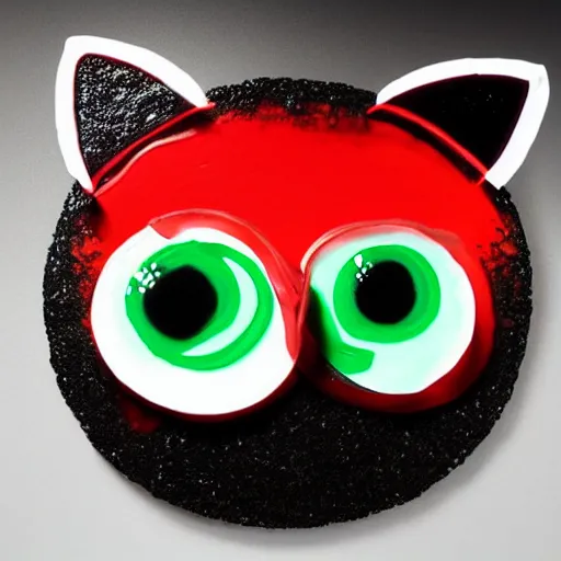 Image similar to a red eyed cat made entirely of jello, glowing eyes