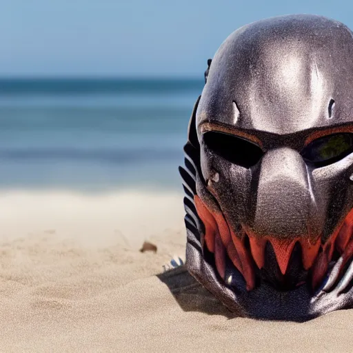 Image similar to high quality photo of The Predator Mask on the beach, realism, 8k, award winning photo