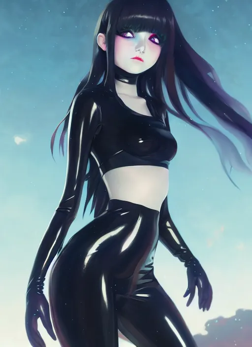 Image similar to portrait of cute goth girl in latex clothes, cloudy sky background lush landscape illustration concept art anime key visual trending pixiv fanbox by wlop and greg rutkowski and makoto shinkai and studio ghibli