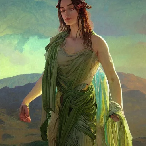 Image similar to epic masterpiece full body portrait of the Oracle at Delphi, female, gauze dress, inhaling the green fumes, highly detailed, digital painting, artstation, concept art, sharp focus, illustration, art by artgerm and greg rutkowski and alphonse mucha