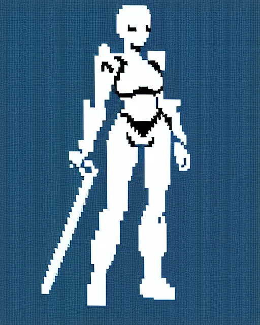 Image similar to a pixel single sprite of a girl holding a blue sword, in white futuristic armor, black background, pixel art, isometric view, 1 6 px x 1 6 px, 2 d game art, 1 6 bit, dynamic pose, # pixelart