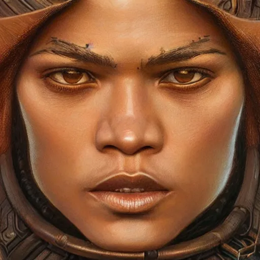 Prompt: zendaya as played in dune, closeup portrait art by donato giancola and greg rutkowski, realistic face, digital art, trending on artstation, symmetry!!