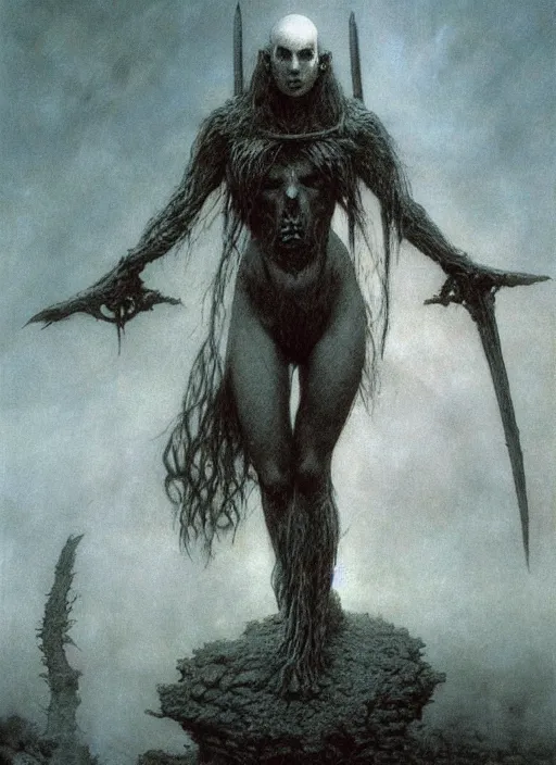 Image similar to bald barbarian teen girl by Beksinski and Luis Royo