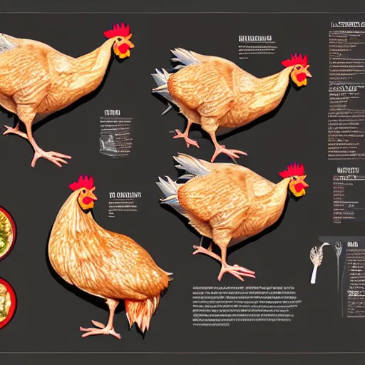 Image similar to chicken, anatomy half cut, infographic, higly detailed, 8 k, photorealistic, art concept, artstation, sharp focus