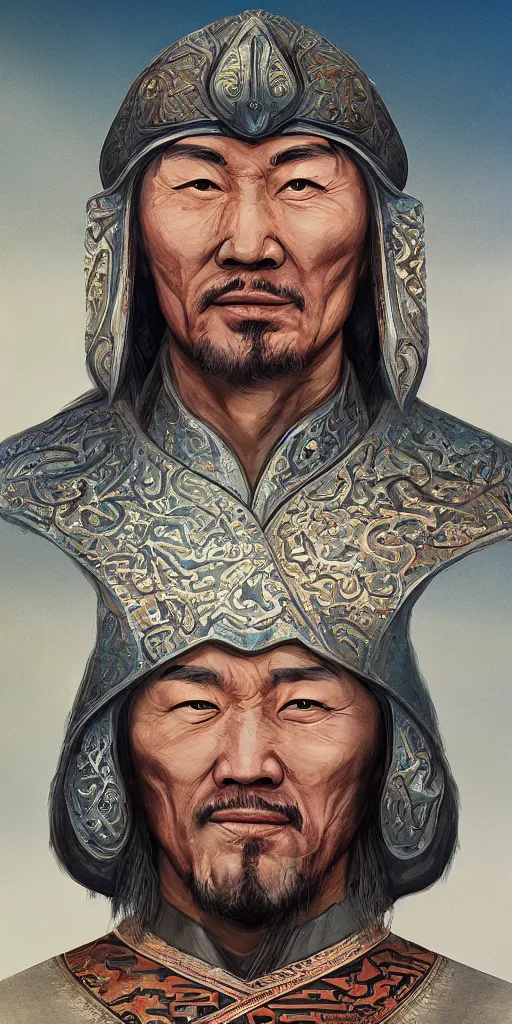 Image similar to highly detailed portrait of genghis khan by roger dean and alena aenami