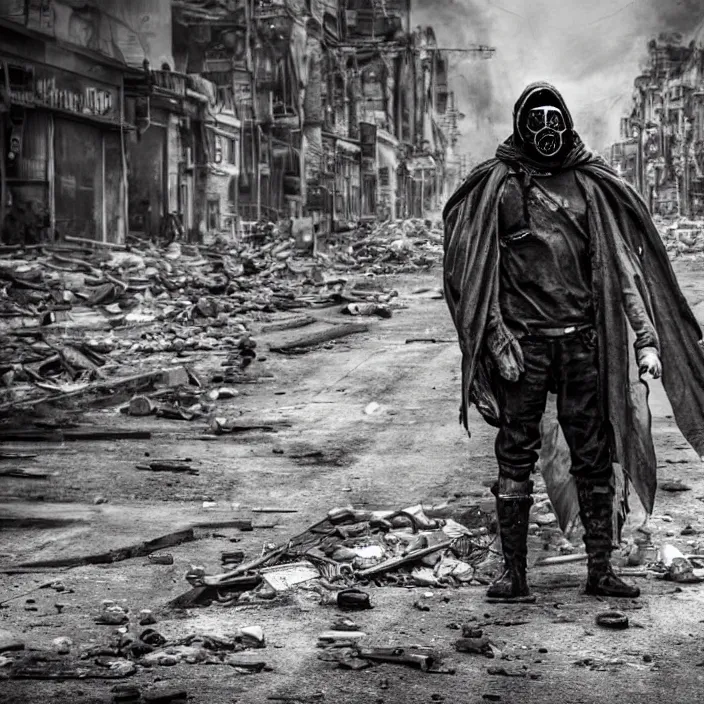 Image similar to gritty hooded apocalyptic man in gas mask standing in street of destroyed city, hyper - detailed, smooth, sharp focus, 4 k ultra hd, fantasy dark art, apocalyptic art