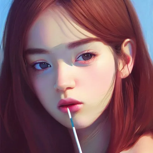 Image similar to oil painting by ilya kuvshinov,, baugh casey, rhads, coby whitmore, of a youthful japanese beauty, long hair, holding lolipop, outdoors, highly detailed, breathtaking face, studio photography, dawn, intense subsurface scattering, blush, supple look, innocence, intense sunlight