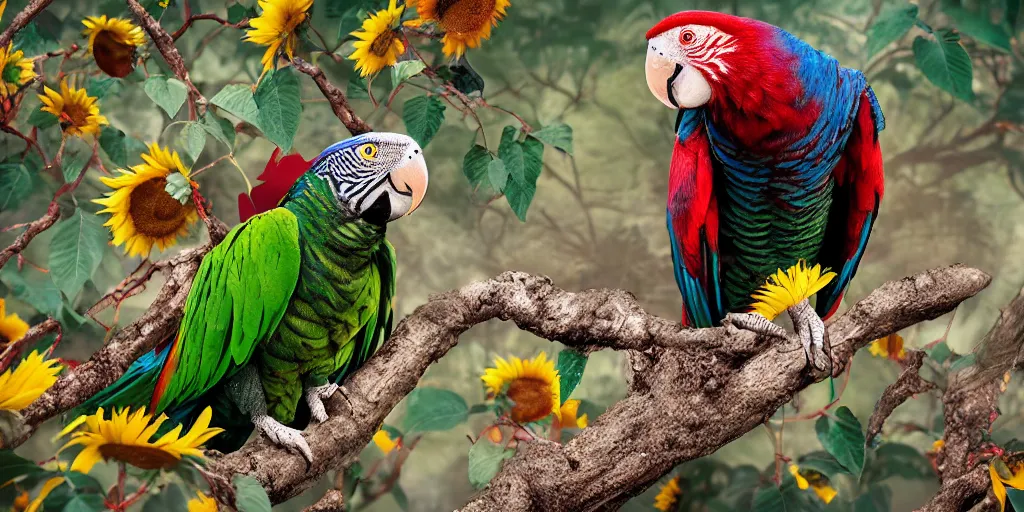 Image similar to angry green parrot with red wings sitting in a tree, surrounded by sunflower seeds, high detail, national geographic photorealistic