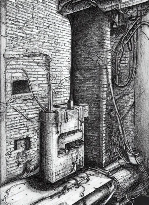 Prompt: 19th century boiler room, brick basement, furnace room, boiler stove, pipes, ducting, wires, dolls heads, drawing by Laurie Lipton