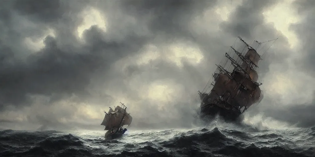 Image similar to A hyper realistic oil painting of a single pirate ship in a storm, dark clouds above, fog, lightning lights the sky, by Greg Rutkowski, hyper detailed, trending on artstation