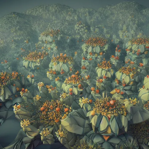 Image similar to an epic flowering alien landscape in the style of origami, 8 k, cinematic light, artstation