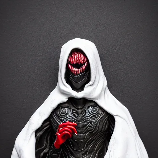 Prompt: venom lord sculptor, black paint on white porcelain, leather cloak, red smoke, intricate, wet plastic, levitating, style of alex stoddard, 8 k, bokeh