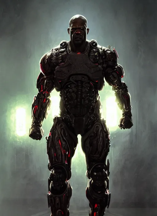 Image similar to terry crews as victor stone, full body concept, cyborg, borg, strogg, face of a man, terminator, flesh, quake strogg, doom demon, wolfenstein, monstrous, powerful, symmetry, symmetrical, concept art by ruan jia and greg rutkowski