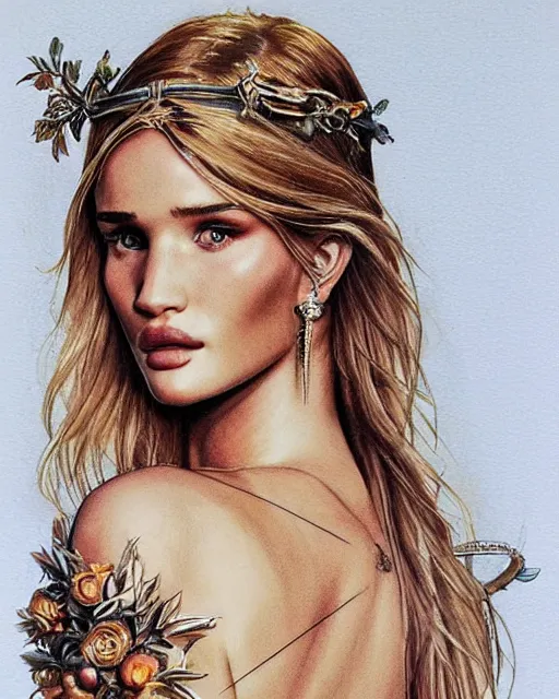 Image similar to realism tattoo sketch of rosie huntington - whiteley as a beautiful greek goddess aphrodite with piercing eyes wearing a laurel wreath and triangle earrings, in the style of greg rutkowski, amazing detail