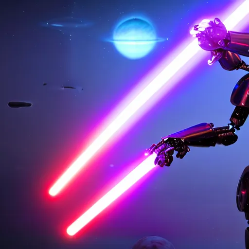 Image similar to humanoid robot wielding lightsaber in front of a violet planet, unreal engine, featured on cgsociety, trending on artstation, detailed, scifi futuristic character concept