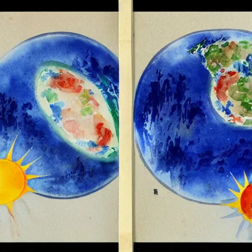 Image similar to a chinese watercolor painting of the earth and the sun fighting each other