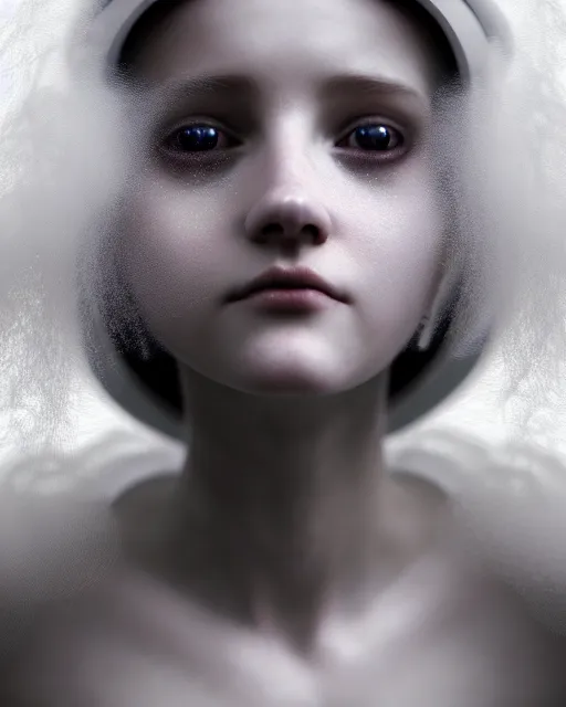 Prompt: delicate, dreamy, feminine, subsurface scattering, white, young beautiful robot - cyborg in cosmos long white hair floating in air, fluid smoke art, black and white, octane render, dino valls, mark ryden, joe fenton, michal karcz, highly detailed, rim light, art, cinematic lighting, very coherent, hyper realism, 8 k