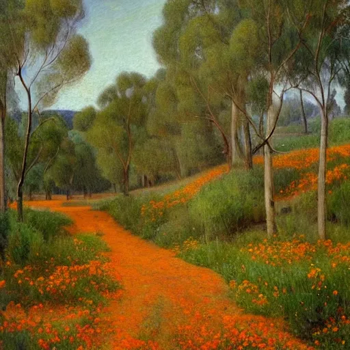 Image similar to a painting of a dirt road surrounded by eucalyptus trees and california golden poppies, woodland hill in the distance. an oil painting by Julian Onderdonk, green orange violet triadic color palette, featured on deviantart, australian tonalism, pre-raphaelite, impressionism, detailed painting