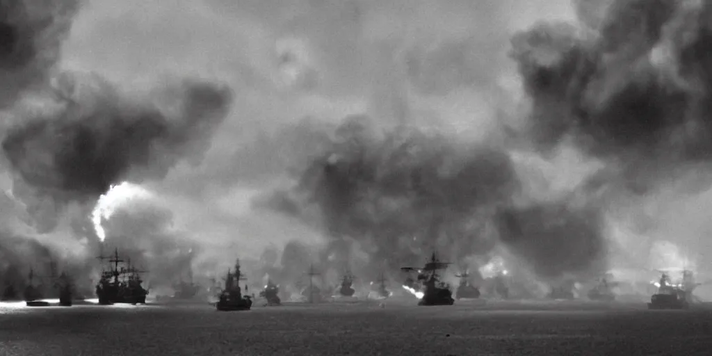 Prompt: dieselpunk naval battle, shots fired, clouds of smoke, burning ships, ships exploding, wide shot, 120 black and white film