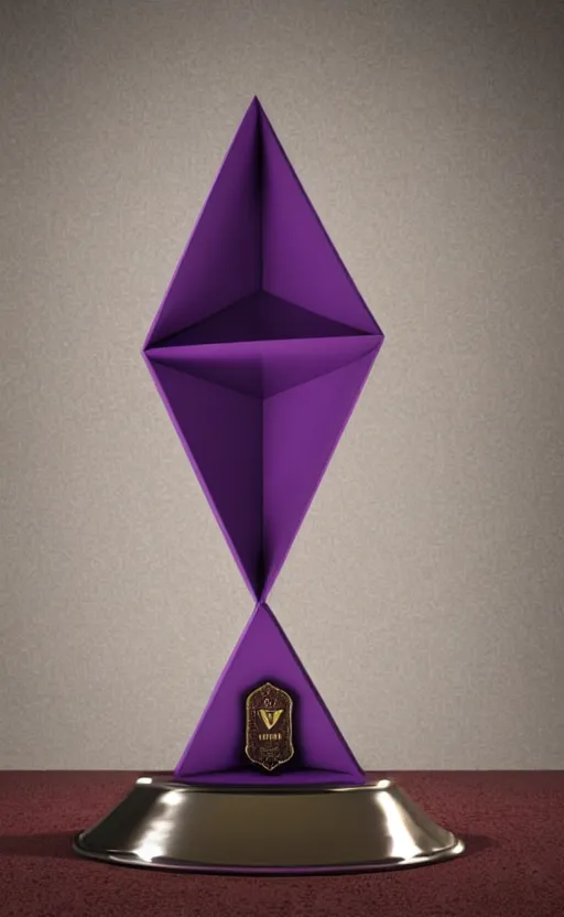 Image similar to a tall reflective very symmetrical polyhedral 3 d printed steel engineering trophy on a dark purple backdrop in a medieval themed castle in golden afternoon light, professional food photography