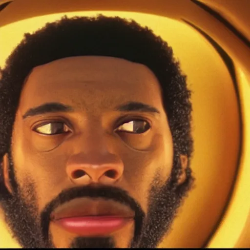 Image similar to film still of a black man with afro hair and raspy beard stubble in 2 0 0 1 a space odyssey