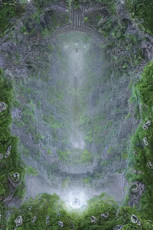 Prompt: ancient fractal temple megastructure in the hanging gardens of a radiant cathedral, overgrown garden, many white flowers, scanned earth terrain bridges, erosion algorithm landscape, by albert bierdstat, by glenn small, high fantasy, high resolution, photorealism, populated by luminous beings, volumes of fog, aerial perspective