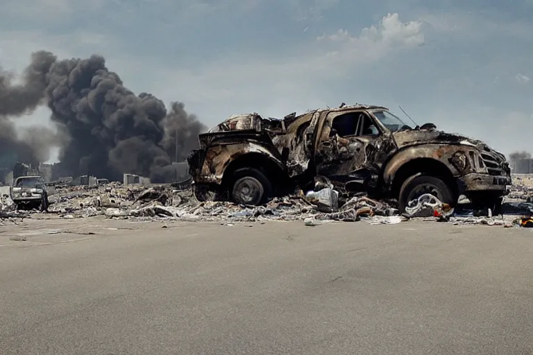 Prompt: a giant truck, transforming into a war machine on a destroyed highway. special effects, highly detailed, filmic. michael bay.