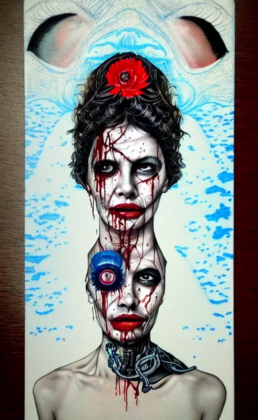 Image similar to a tarot card portrait horror and blood with sea and ocean intricate details by Sandra Chevrier