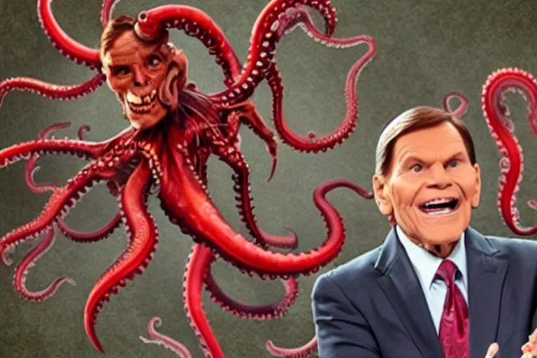 Prompt: kenneth copeland depicted as devil with tentacles instead of arms