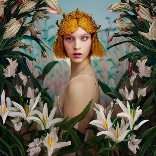 Image similar to pretty model with white wolf, white lilies : : by martine johanna and simon stalenhag and chie yoshii and casey weldon and wlop : : ornate, dynamic, particulate, rich colors, intricate, elegant, highly detailed, vogue, wolf, harper's bazaar art, fashion magazine, smooth, sharp focus, 8 k, octane render