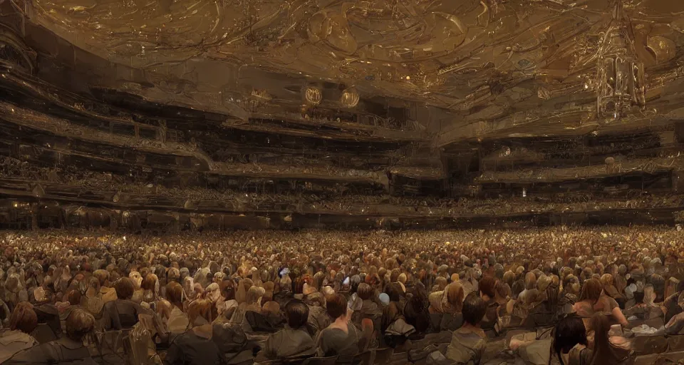 Image similar to craig mullins and ghibli digital art of inside the grand theater, a large audience, on the stage, masked female violinists, exotic costumes, gold jewelry, black hair, solo performance unreal engine, hyper realism, realistic shading, cinematic composition, realistic render, octane render, detailed textures, photorealistic, wide shot