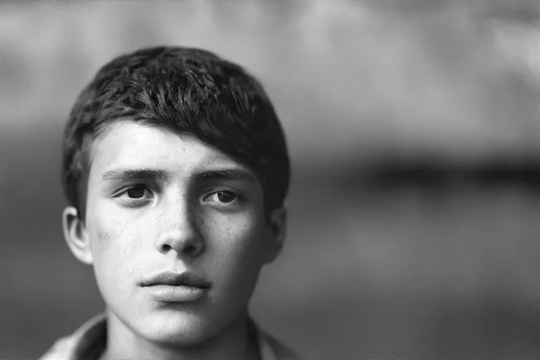 Prompt: a closeup cinematic!! headshot photograph!! of a male, stood in a factory, dirt, film still, cinematic lighting, by bill henson