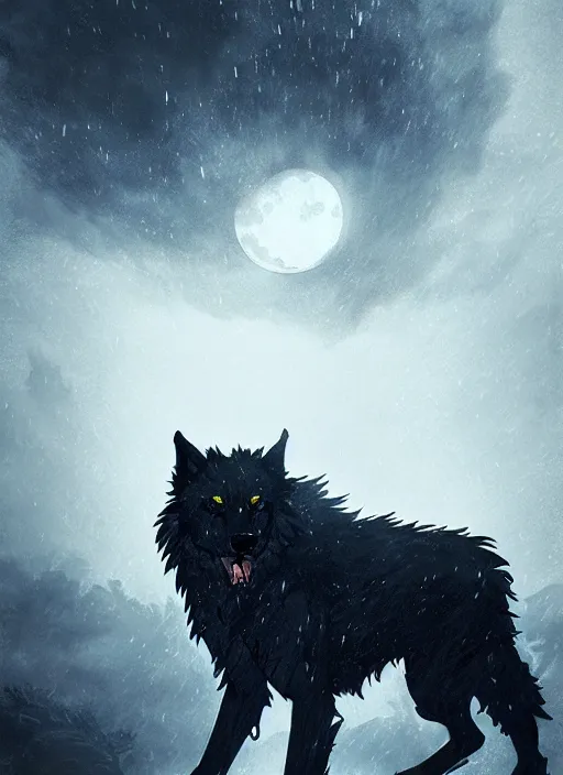 Image similar to Giant wolf with glowing eyes near small village, raining, full moon. In style of Yoji Shinkawa and Hyung-tae Kim, trending on ArtStation, dark fantasy, great composition, concept art, highly detailed, dynamic pose.