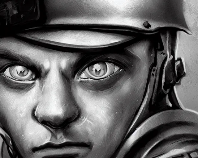 Image similar to A soldier talking to a cat in world war 1, close-up, realistic face, beautiful face detail, mature facial features, black and white, amazing digital art, hyper detailed, artstation, in the style of Tony Sart