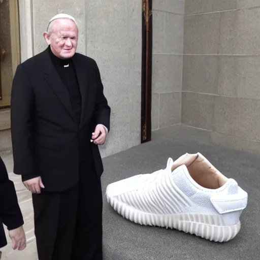 Image similar to john paul ii admiring a new yeezy sneaker in his hands