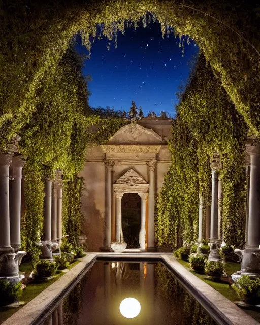 Image similar to photo of beautiful rococo courtyard under moonlight, large glowing moon, pool with reflections, weeping willows and flowers, hellenistic sculptures, romantic, archdaily,