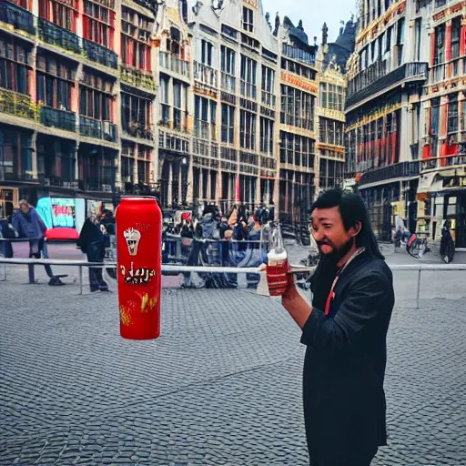 Prompt: very long haired Asian man with some facial hair skating and drinking a Jupiler beer in Brussels