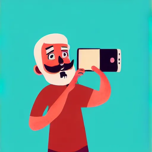 Image similar to curled perspective digital art of a cute smiling beard grandpa cartoon character taking a photo to a baby girl by anton fadeev