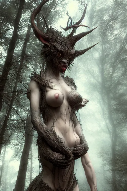 Image similar to fat devil in the woods, intricate, ethereal, by luis royo, hyper detailed, weta digital, ray trace, unreal engine, trending on artist, beautifully lit, cinematic, soft light, photorealistic, volumetric, realistic, glossy, 8 k post - production, masterpiece, luxury, smooth