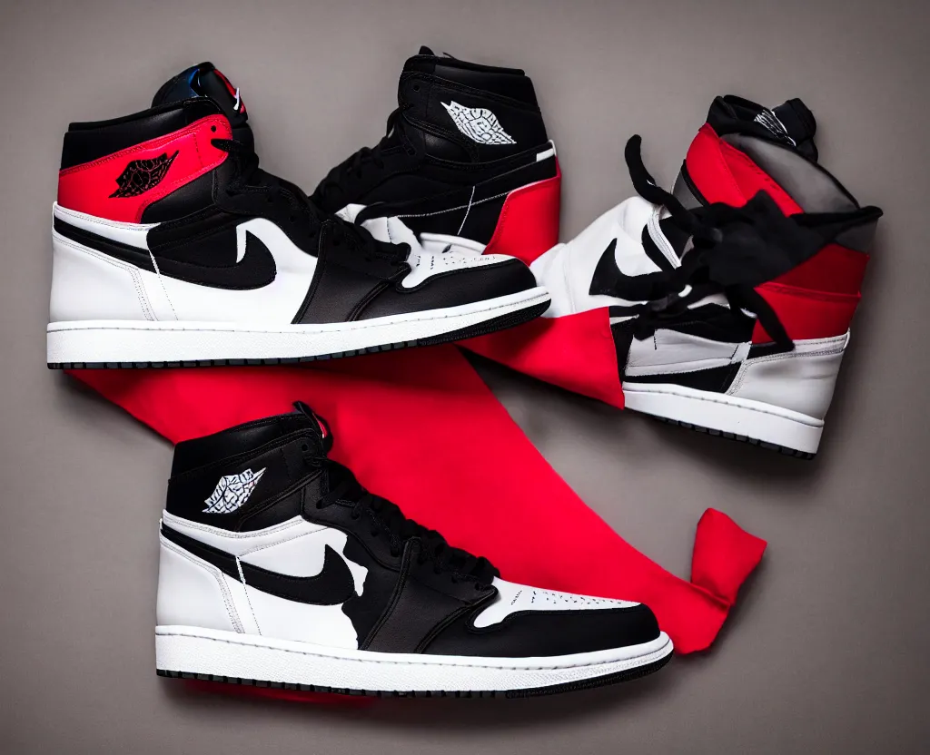 Image similar to a proffesional press photograph of nike jordan 1 black red and white