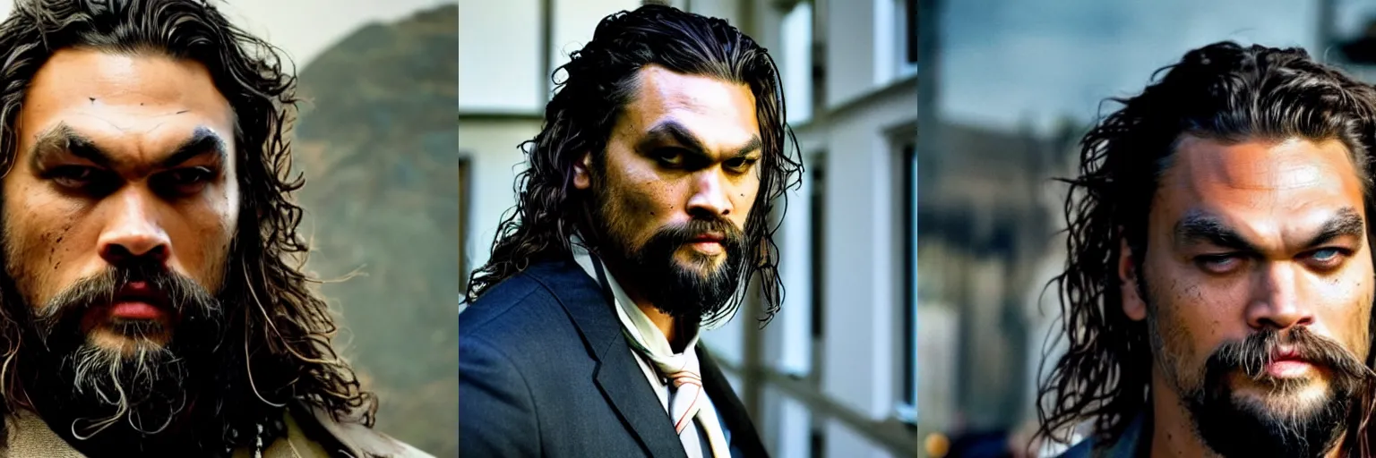 Prompt: close-up of Jason Momoa as a detective in a movie directed by Christopher Nolan, movie still frame, promotional image, imax 70 mm footage