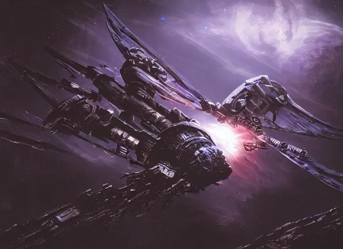 Image similar to spaceship flying in dark space, dark space, warhammer 40k artwork, dead space artwork, horror, sci-fi, action shot, cyberpunk, industrial, old, unreal engine 5, photorealistic, detailed, old, desolate, , sleek, futuristic, alien, white, blue, purple, trending on artstation, detailed, intricate, steampunk