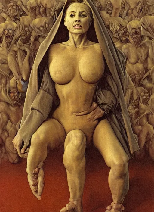 Prompt: hyper realistic painting of hillary clinton in a straight jacket possessed by the devil, in the style of mc escher, wayne barlowe, gustav moreau, goward, gaston bussiere and roberto ferri, santiago caruso, and austin osman spare, bouguereau, mucha, saturno butto, sorayama. occult art, alchemical diagram