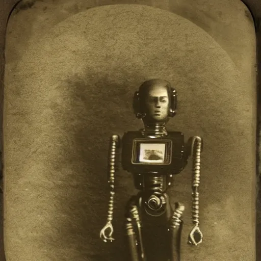 Image similar to humanoid robot, advanced humanoid robots, sleek robot, in log cabin living room, tintype photograph, daguerrotype, 1 8 7 0 s photograph