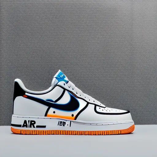 Prompt: a studio photoshoot of A Nike Air Force 1 designed by Virgil Abloh, mesh fabrics, Off-White, realistic, color film photography by Tlyer Mitchell, 35 mm, graflex